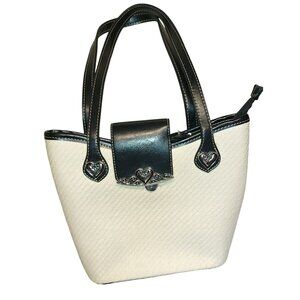 VTG Brighton Vintage Straw Tote Bag Black Leather Trim & Silver Heart Accents
